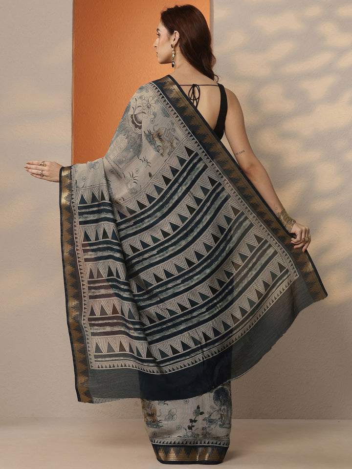 Grey Printed Silk Blend Saree With Unstitched Blouse Piece