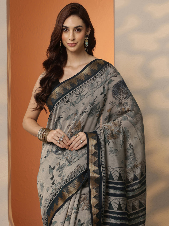 Grey Printed Silk Blend Saree With Unstitched Blouse Piece