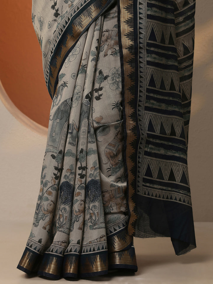 Grey Printed Silk Blend Saree With Unstitched Blouse Piece
