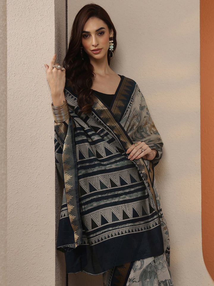 Grey Printed Silk Blend Saree With Unstitched Blouse Piece
