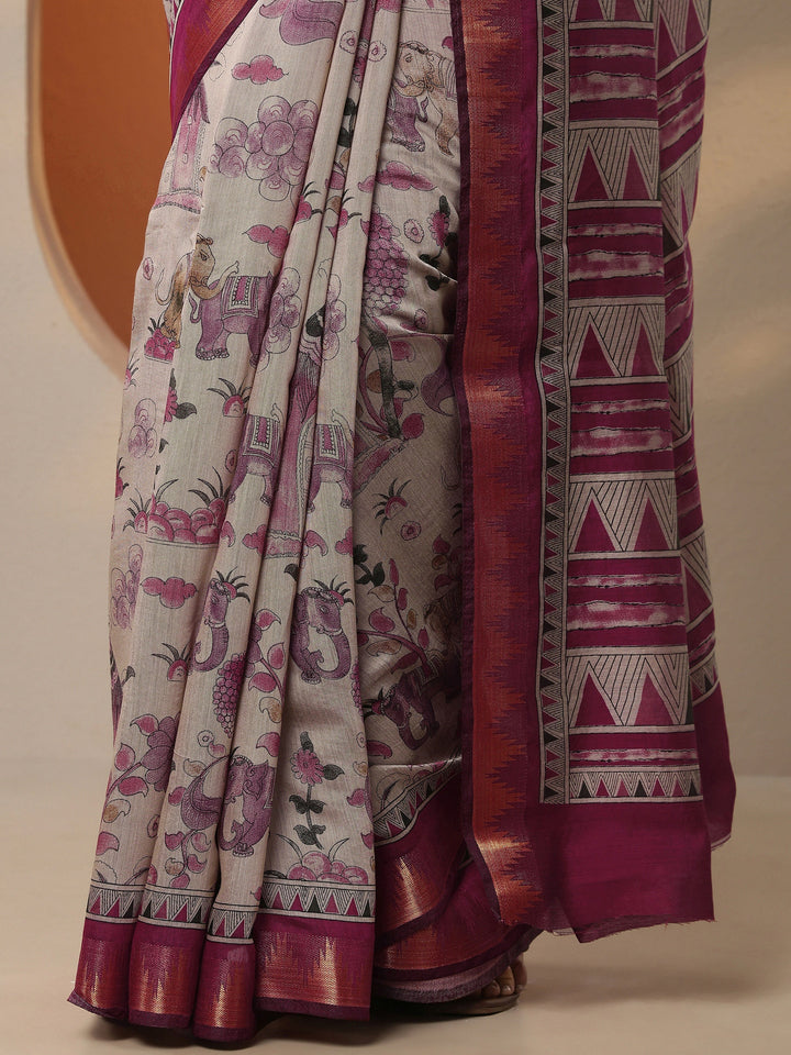 Beige Printed Silk Blend Saree With Unstitched Blouse Piece
