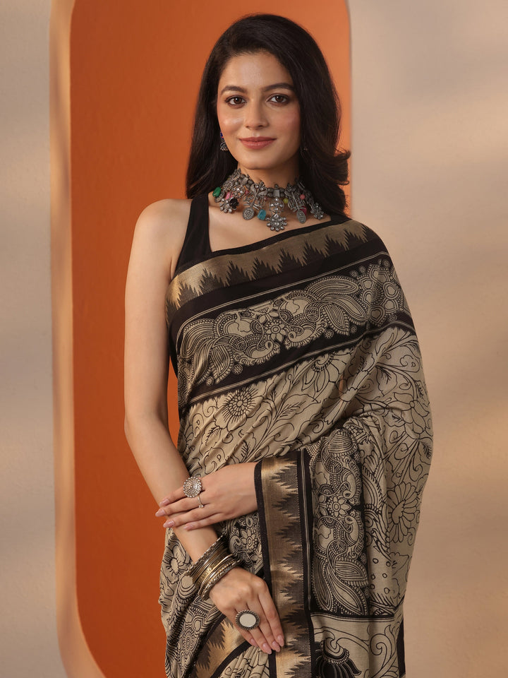 Beige Printed Silk Blend Saree With Unstitched Blouse Piece