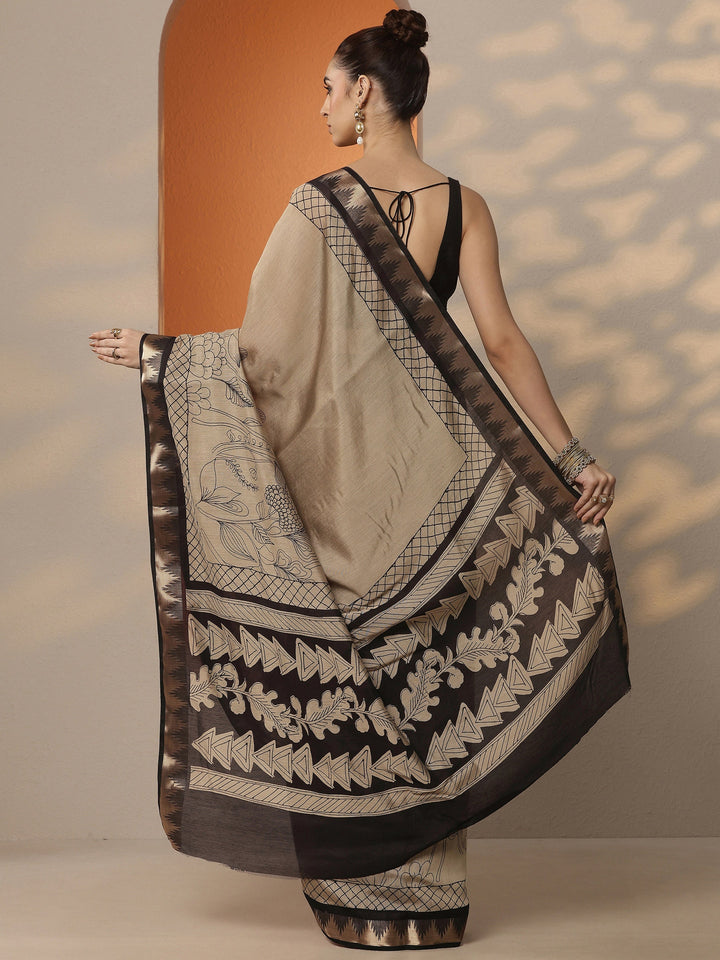 Beige Printed Silk Blend Saree With Unstitched Blouse Piece