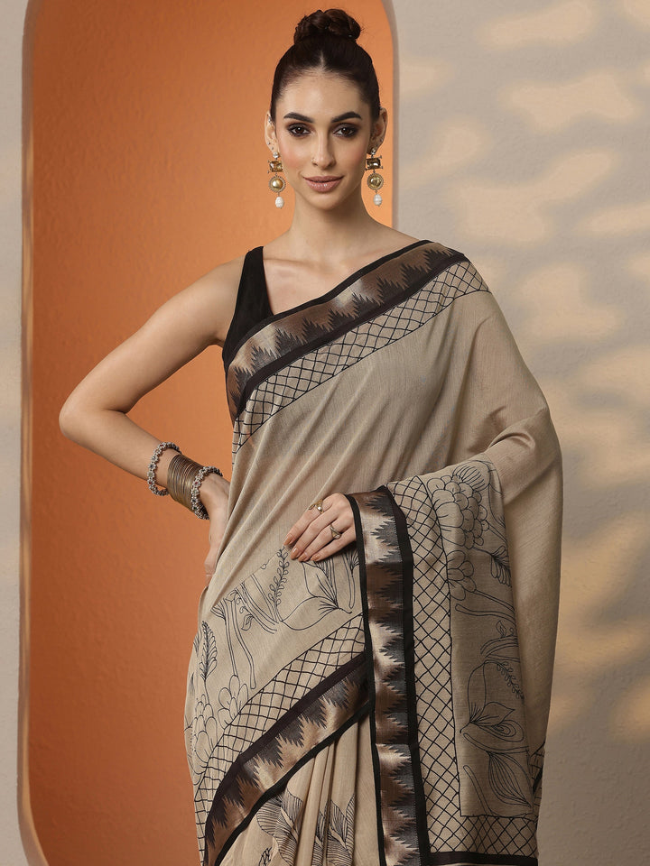 Beige Printed Silk Blend Saree With Unstitched Blouse Piece