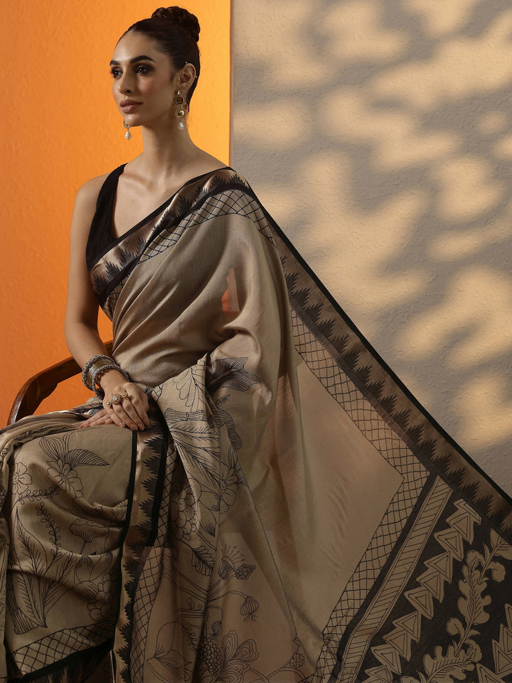 Beige Printed Silk Blend Saree With Unstitched Blouse Piece