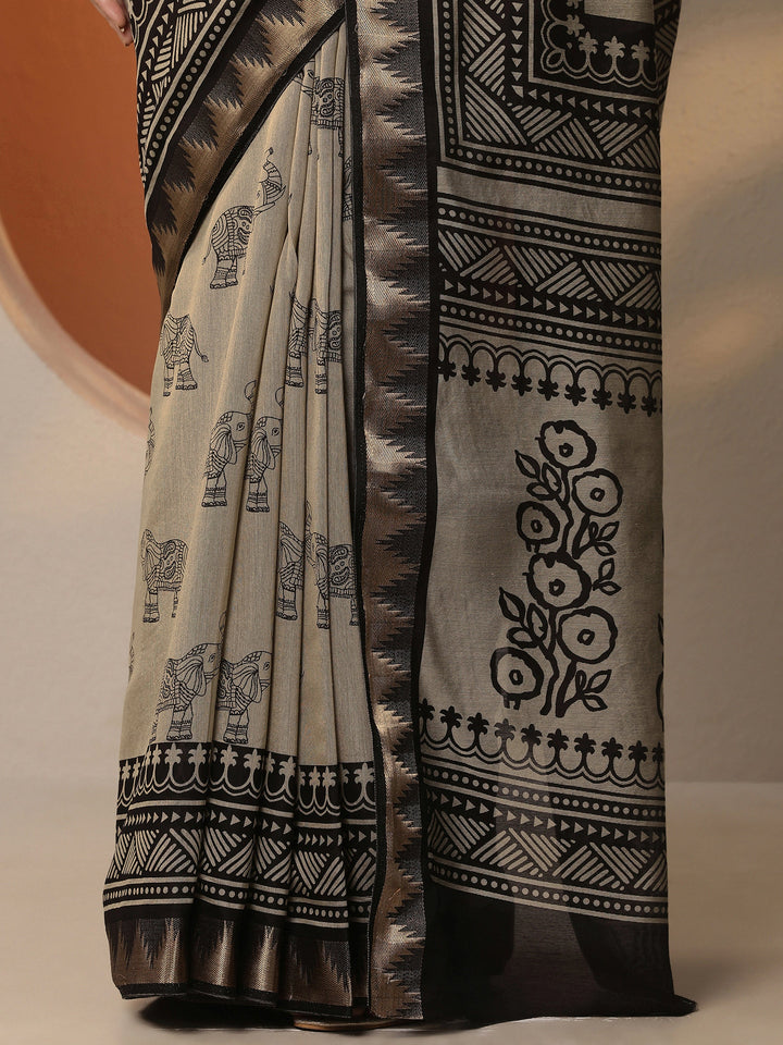 Beige Printed Silk Blend Saree With Unstitched Blouse Piece