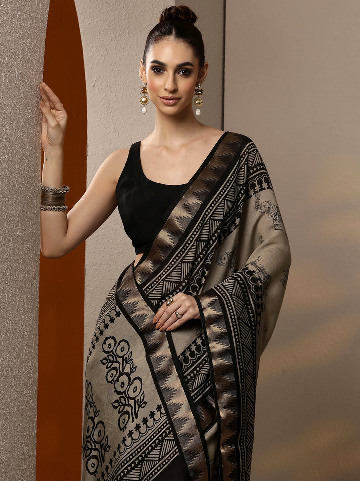 Beige Printed Silk Blend Saree With Unstitched Blouse Piece