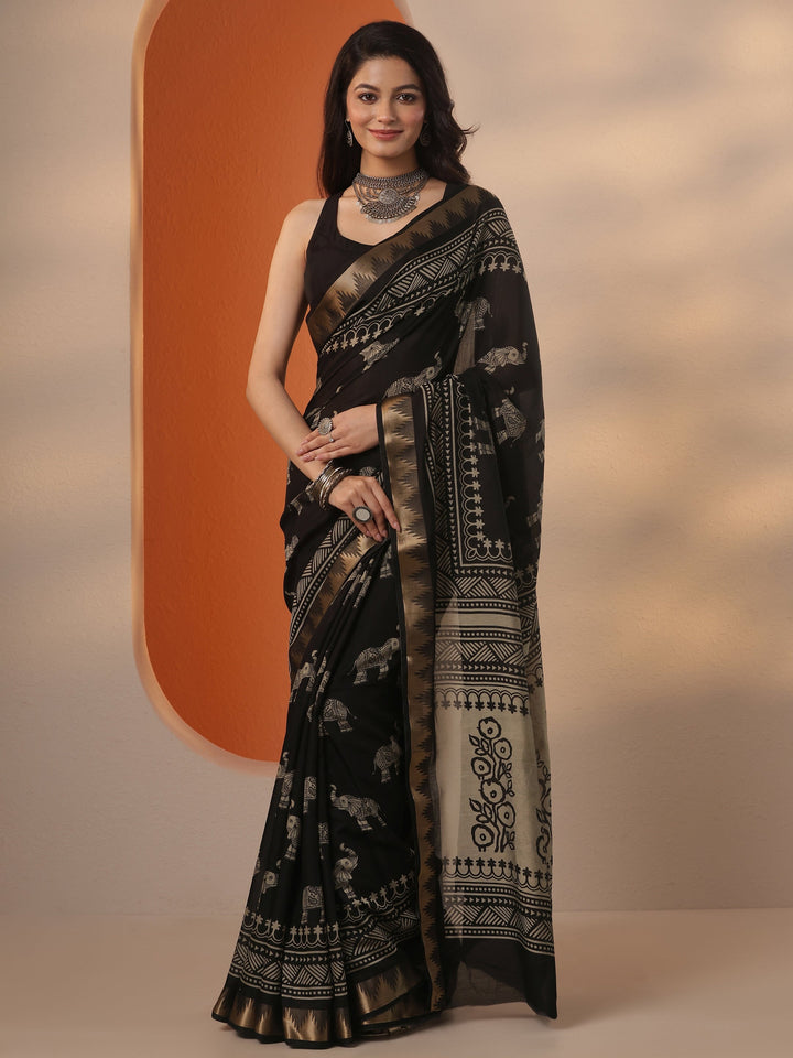 Black Printed Silk Blend Saree With Unstitched Blouse Piece