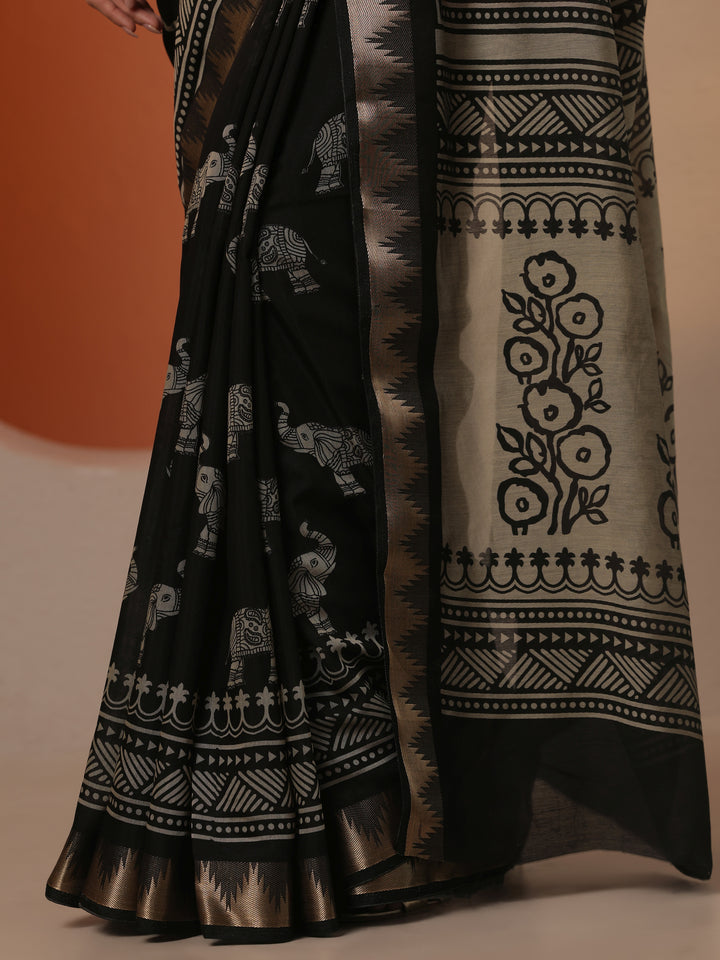 Black Printed Silk Blend Saree With Unstitched Blouse Piece