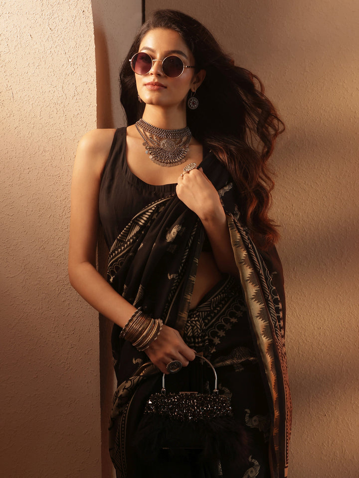 Black Printed Silk Blend Saree With Unstitched Blouse Piece