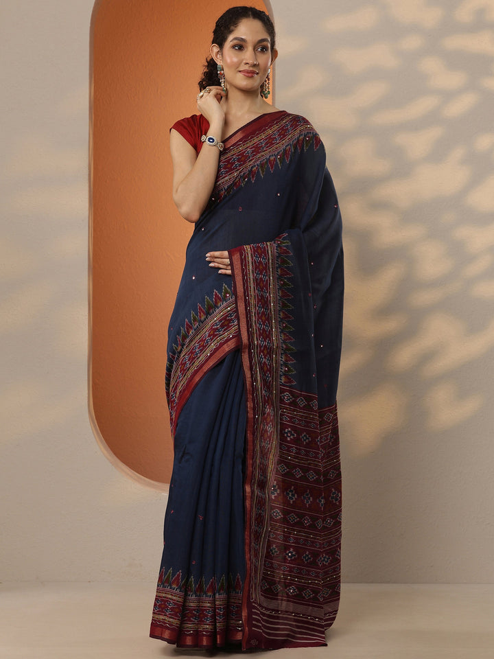 Navy Blue Solid Silk Blend Saree With Unstitched Blouse Piece