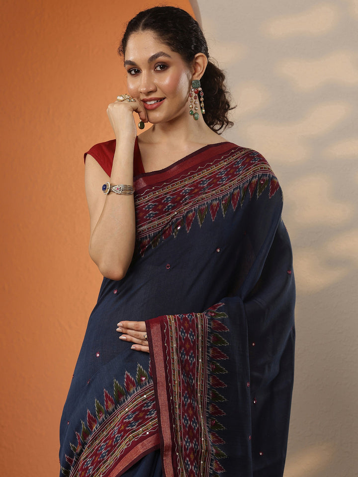 Navy Blue Solid Silk Blend Saree With Unstitched Blouse Piece