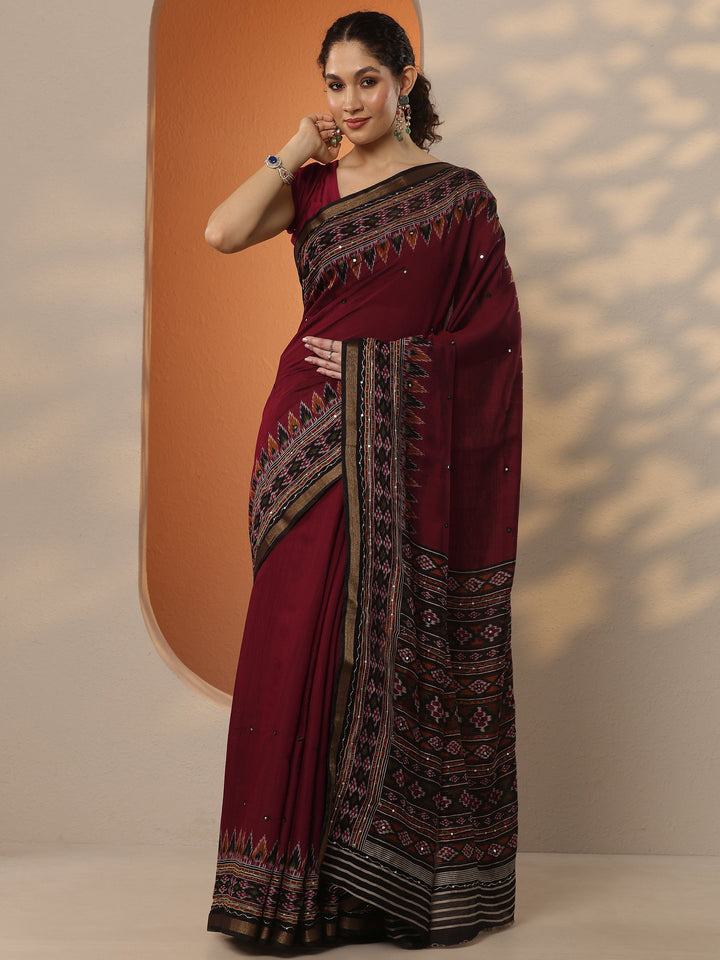 Red Solid Silk Blend Saree With Unstitched Blouse Piece
