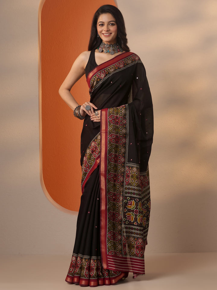 Black Solid Silk Blend Saree With Unstitched Blouse Piece