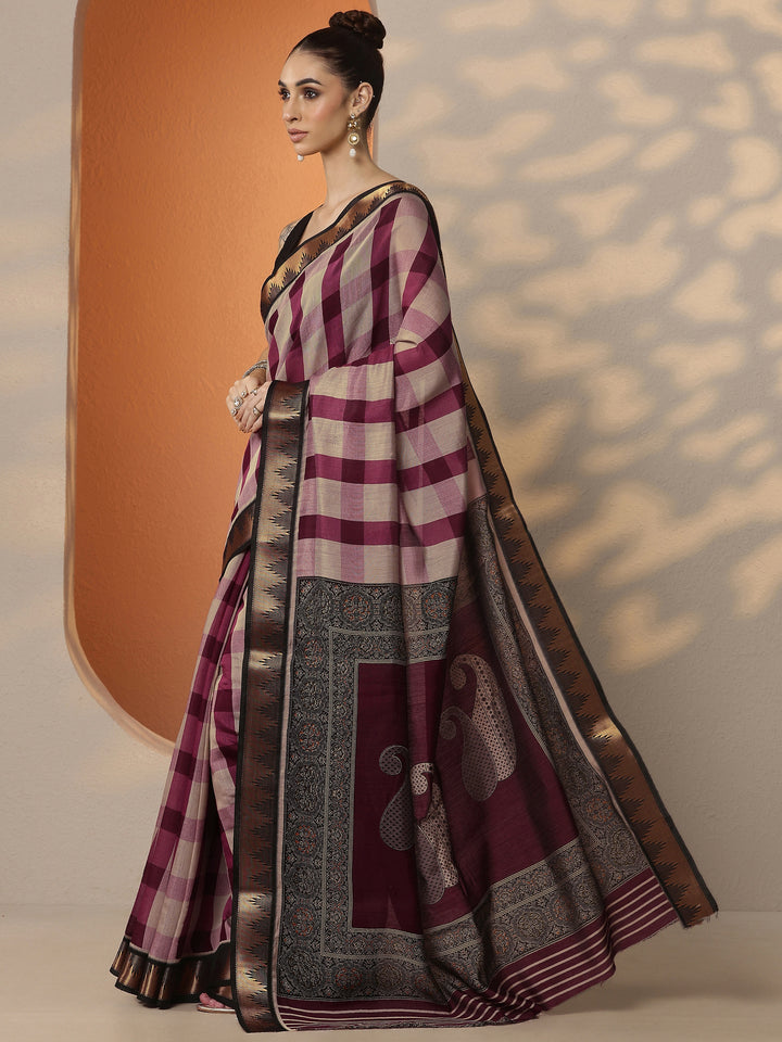 Beige Printed Silk Blend Saree With Unstitched Blouse Piece