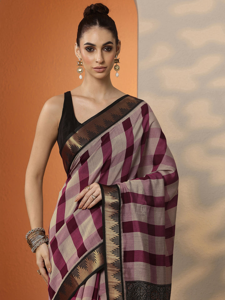 Beige Printed Silk Blend Saree With Unstitched Blouse Piece