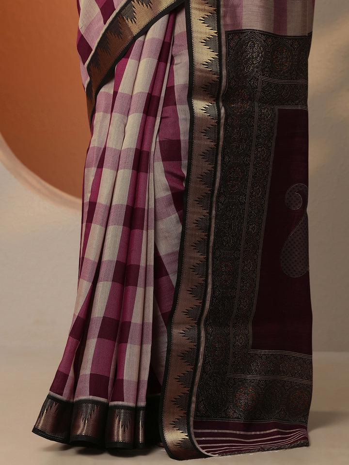 Beige Printed Silk Blend Saree With Unstitched Blouse Piece