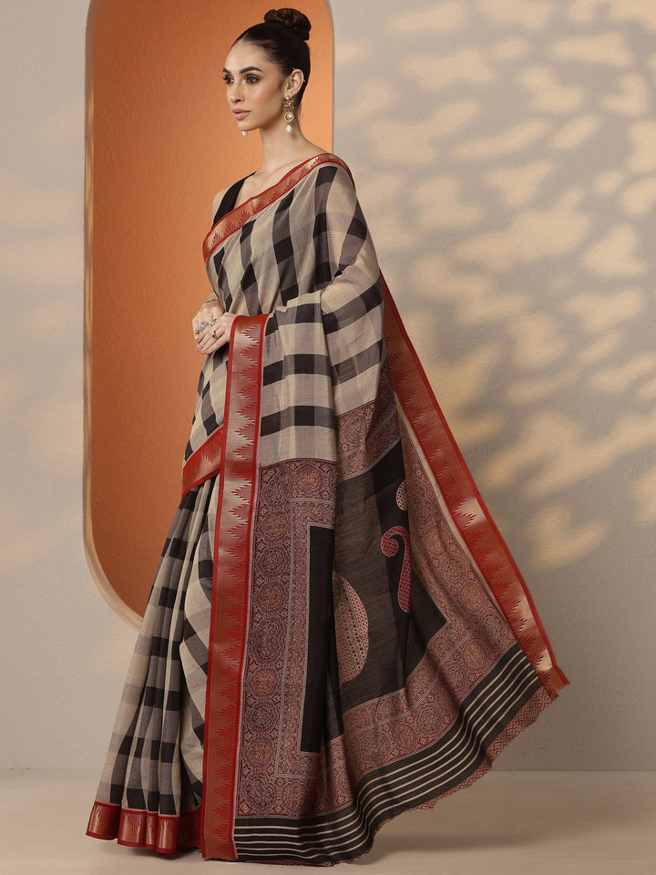Beige Printed Silk Blend Saree With Unstitched Blouse Piece