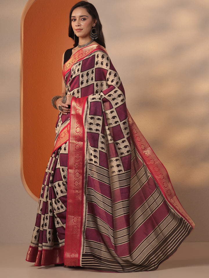 Grey Printed Silk Blend Saree With Unstitched Blouse Piece