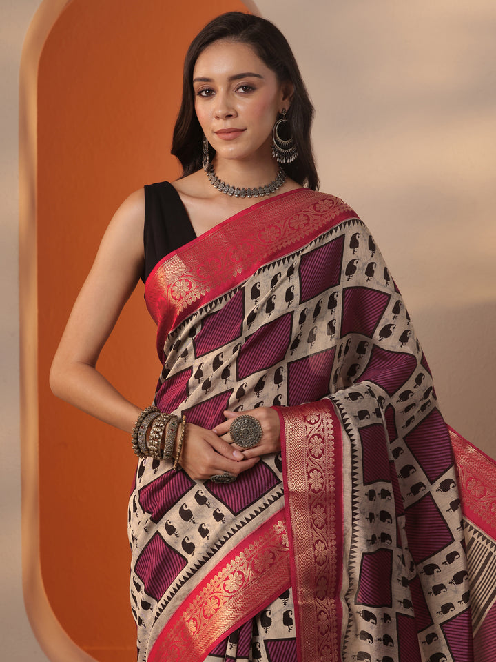 Grey Printed Silk Blend Saree With Unstitched Blouse Piece
