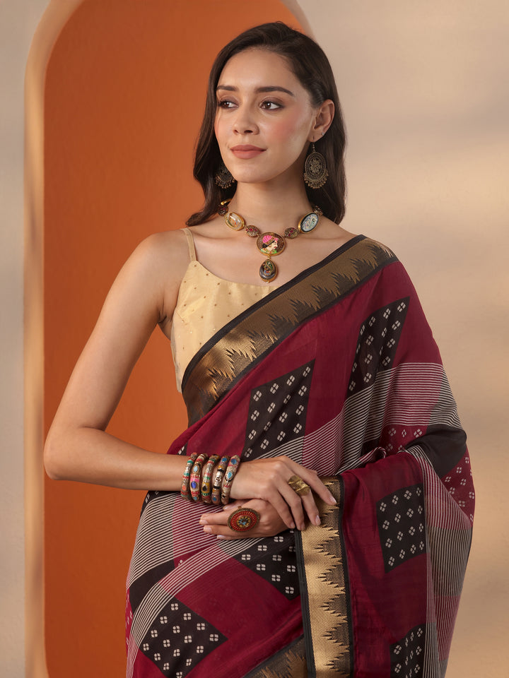 Multi Printed Silk Blend Saree With Unstitched Blouse Piece