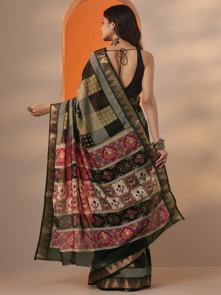 Green Printed Silk Blend Saree With Unstitched Blouse Piece
