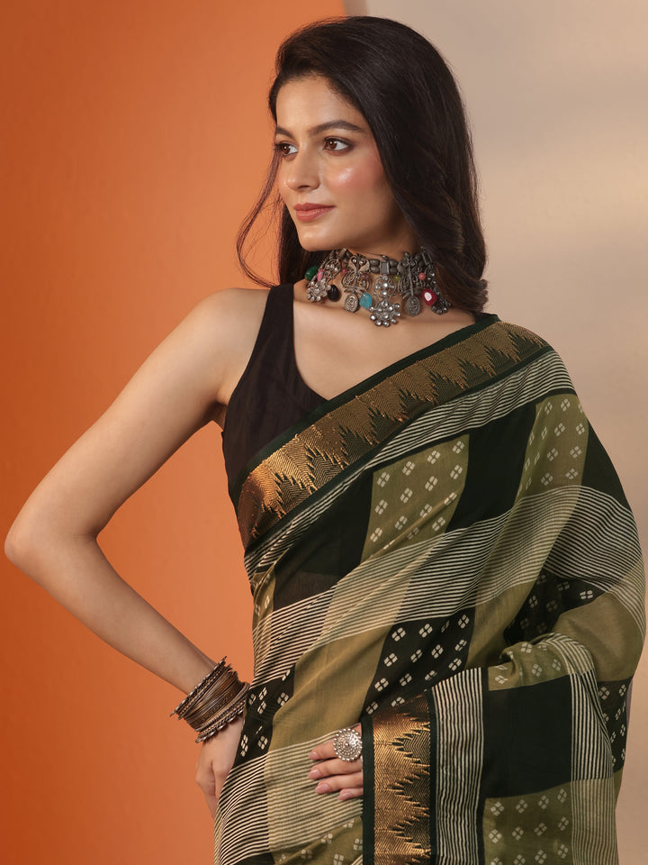 Green Printed Silk Blend Saree With Unstitched Blouse Piece