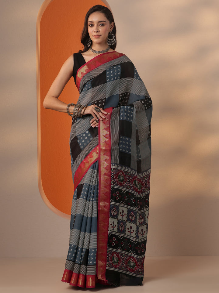 Blue Printed Silk Blend Saree With Unstitched Blouse Piece