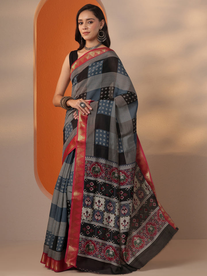 Blue Printed Silk Blend Saree With Unstitched Blouse Piece