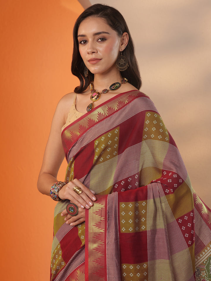 Multi Printed Silk Blend Saree With Unstitched Blouse Piece