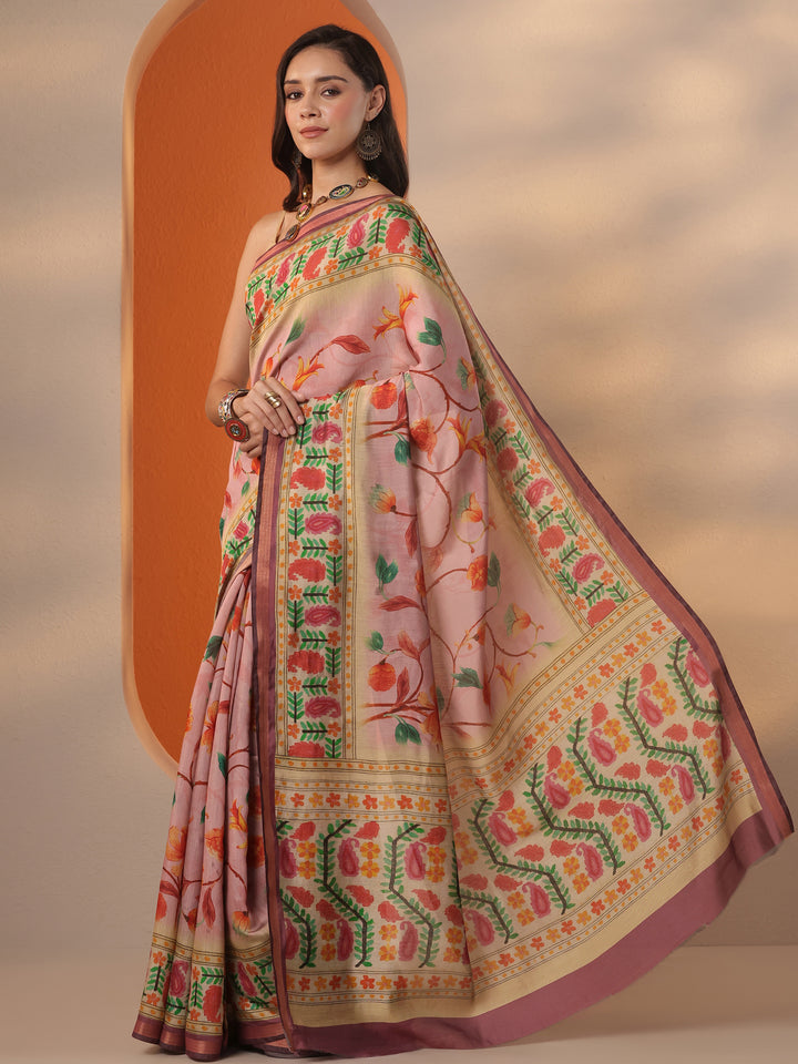 Mauve Printed Silk Blend Saree With Unstitched Blouse Piece
