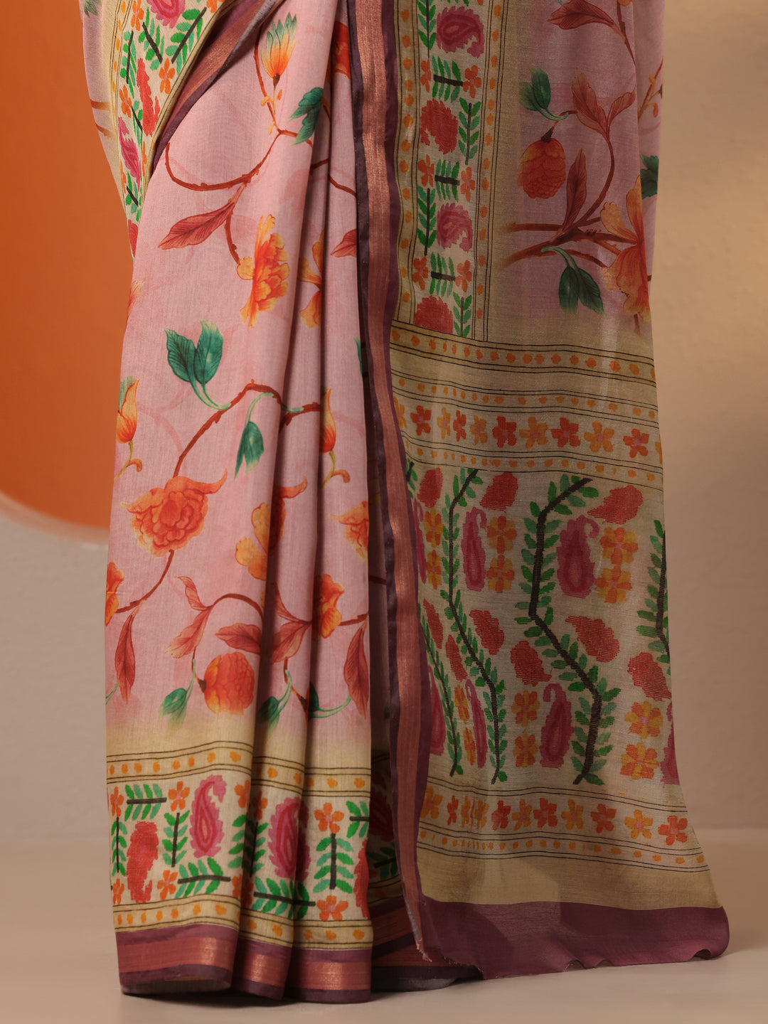 Mauve Printed Silk Blend Saree With Unstitched Blouse Piece