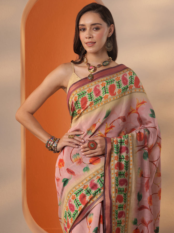 Mauve Printed Silk Blend Saree With Unstitched Blouse Piece