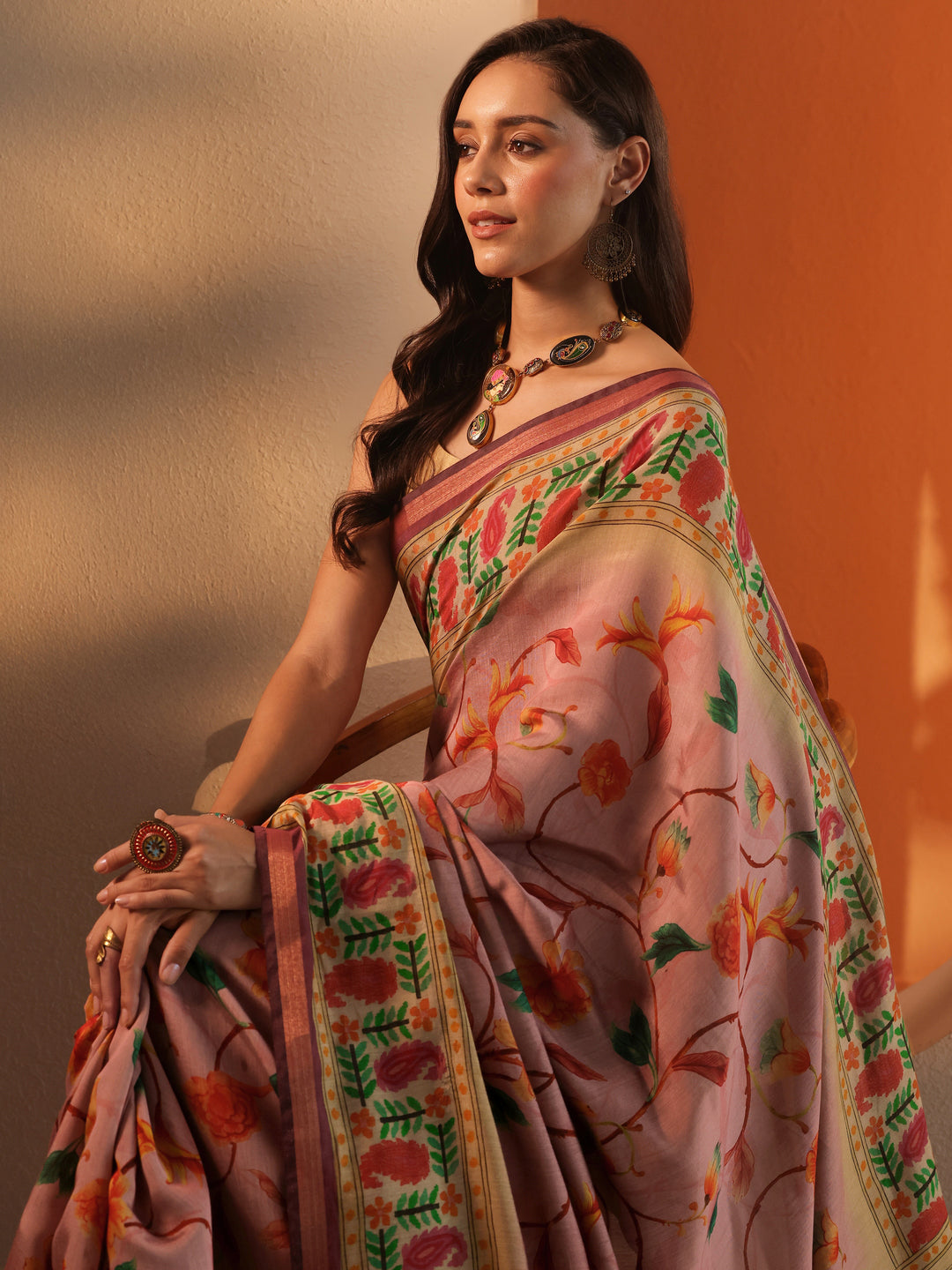 Mauve Printed Silk Blend Saree With Unstitched Blouse Piece