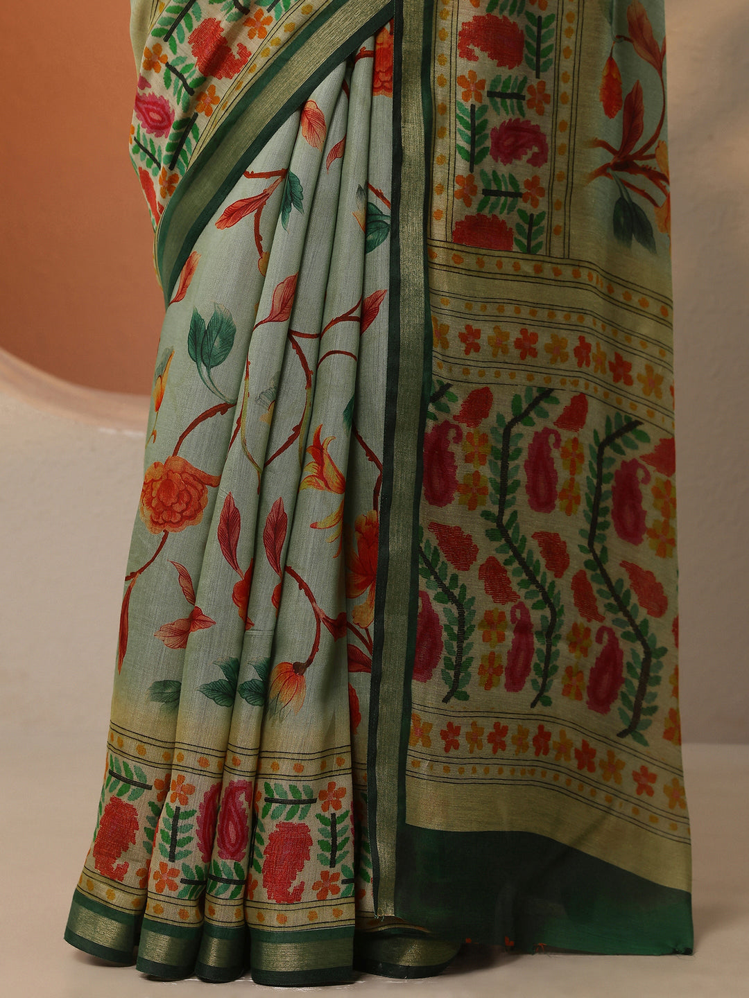Green Printed Silk Blend Saree With Unstitched Blouse Piece