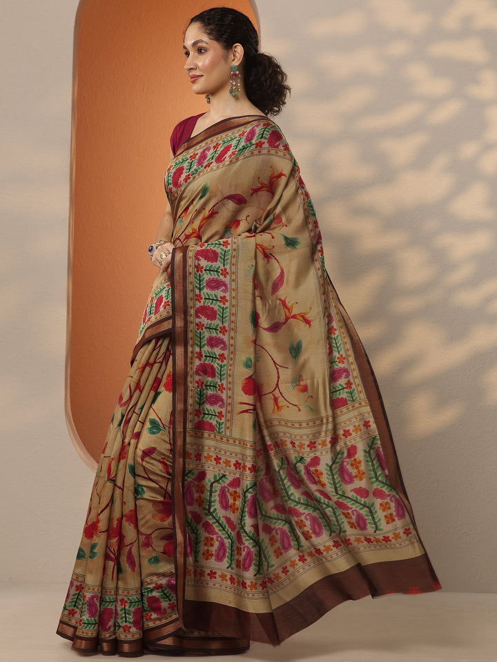 Gold Printed Silk Blend Saree With Unstitched Blouse Piece