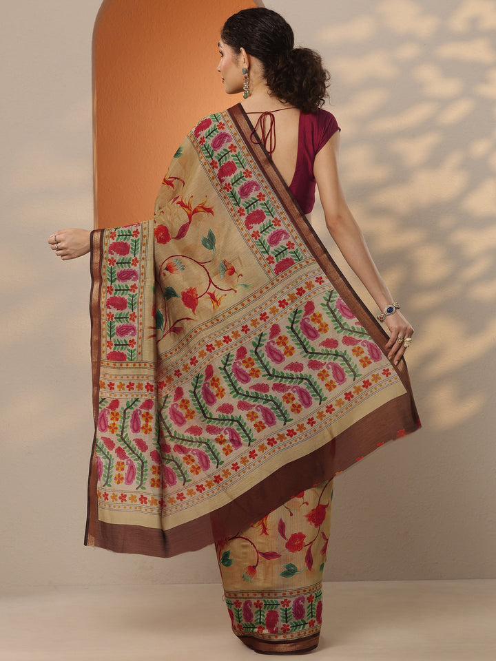 Gold Printed Silk Blend Saree With Unstitched Blouse Piece