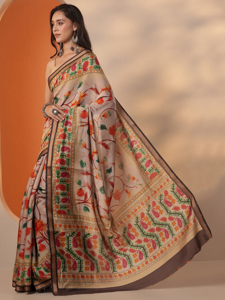 Beige Printed Silk Blend Saree With Unstitched Blouse Piece