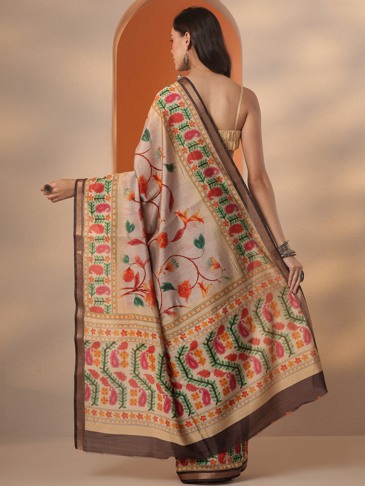 Beige Printed Silk Blend Saree With Unstitched Blouse Piece