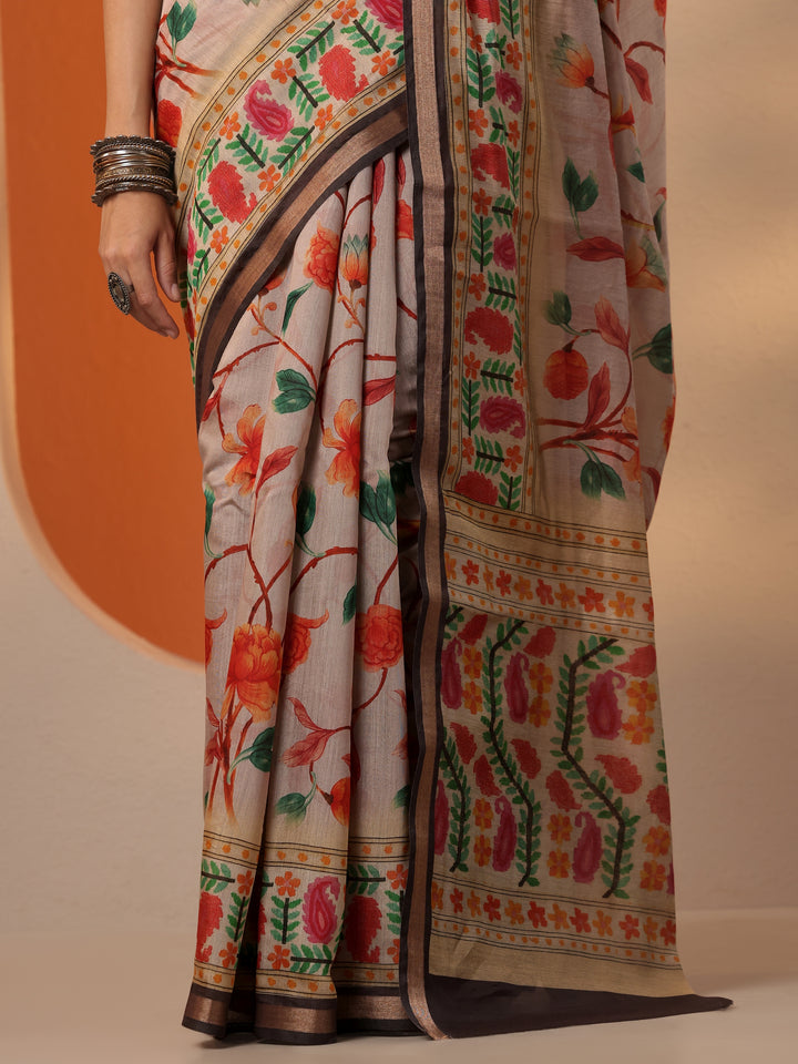 Beige Printed Silk Blend Saree With Unstitched Blouse Piece