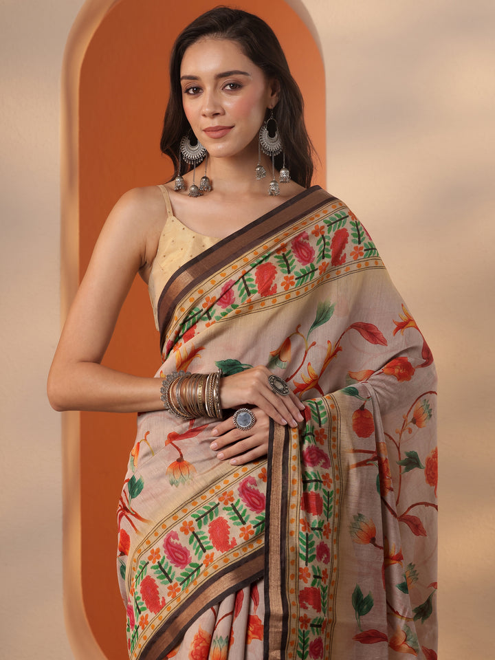 Beige Printed Silk Blend Saree With Unstitched Blouse Piece