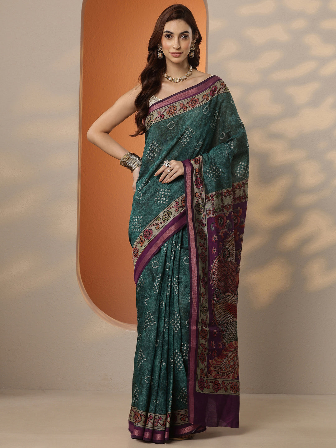 Green  Bandhani Printed Silk Blend Saree With Unstitched Blouse Piece