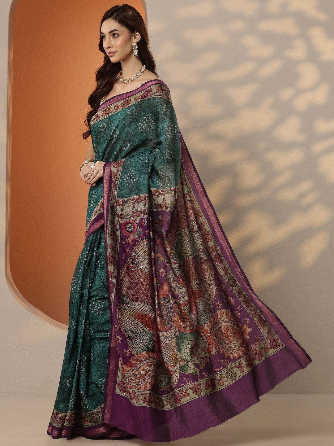 Green  Bandhani Printed Silk Blend Saree With Unstitched Blouse Piece