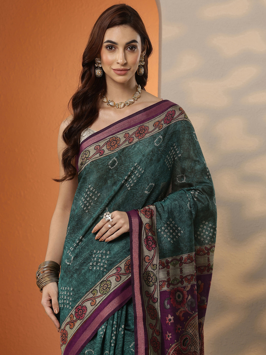 Green  Bandhani Printed Silk Blend Saree With Unstitched Blouse Piece