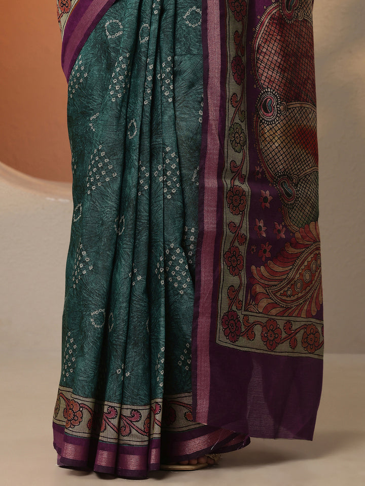 Green  Bandhani Printed Silk Blend Saree With Unstitched Blouse Piece