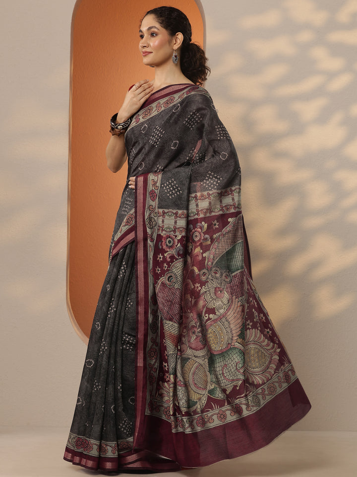 Grey Bandhani Printed Silk Blend Saree With Unstitched Blouse Piece