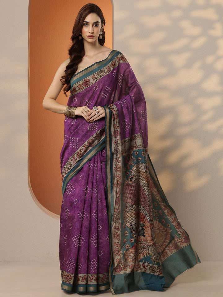 Purple Bandhani Printed Silk Blend Saree With Unstitched Blouse Piece