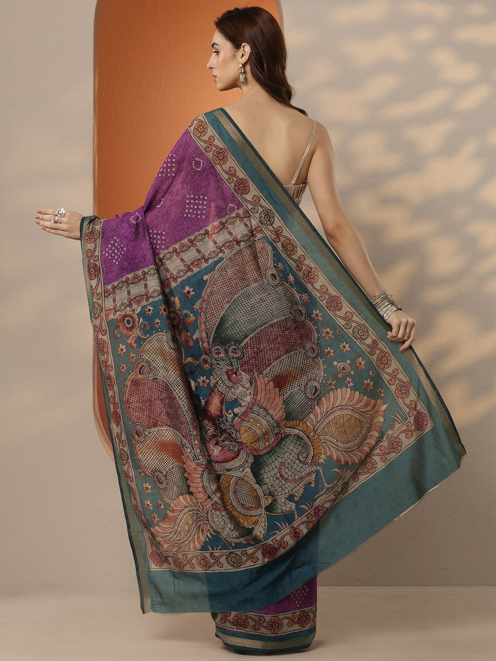 Purple Bandhani Printed Silk Blend Saree With Unstitched Blouse Piece