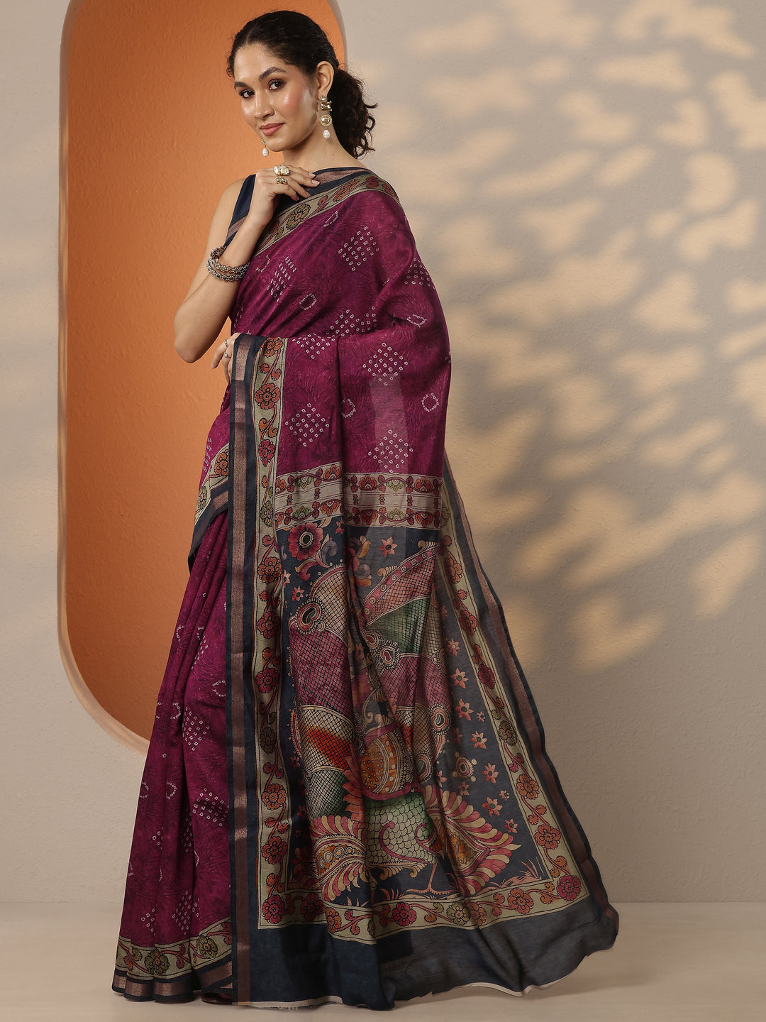 Pink Bandhani Printed Silk Blend Saree With Unstitched Blouse Piece