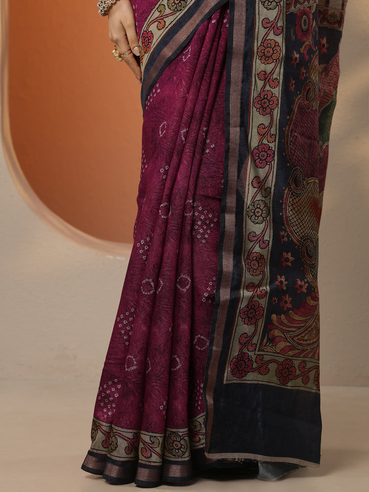 Pink Bandhani Printed Silk Blend Saree With Unstitched Blouse Piece